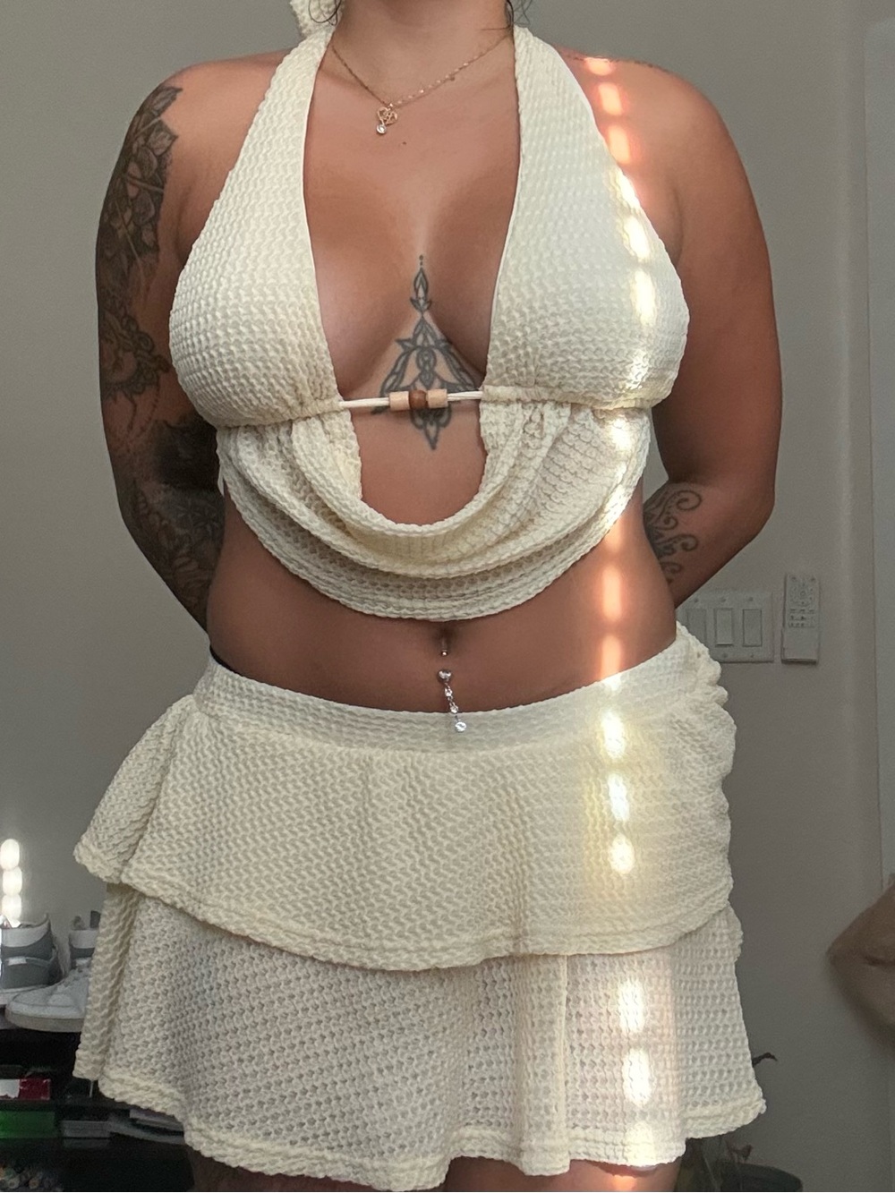 SHEIN Cream Waffle Knit Halter Crop Top & Tiered Mini Skirt Set